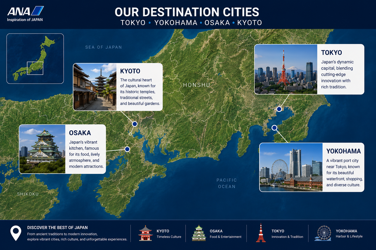 Map of YIS Japan journey destination cities: Tokyo, Yokohama, Osaka and Kyoto